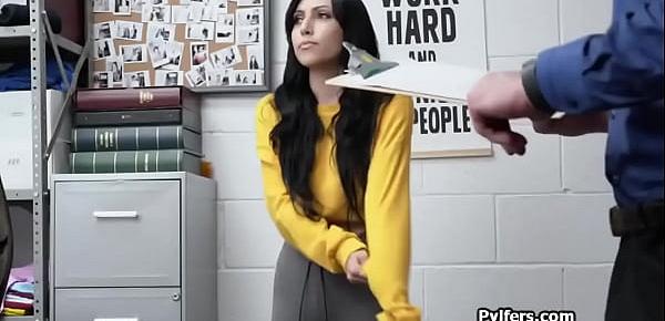  Raven haired thief gets on cock at the backoffice